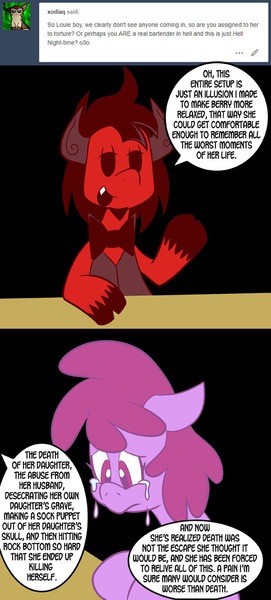 Size: 576x1274 | Tagged: semi-grimdark, artist:pembroke, derpibooru import, berry punch, berryshine, oc, oc:louie, pony, here comes berry punch