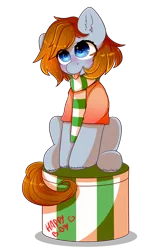 Size: 2000x3000 | Tagged: safe, artist:etoz, derpibooru import, oc, oc:olya, unofficial characters only, earth pony, pony, blue eyes, blushing, brown mane, clothes, female, gift art, happy, happy birthday, looking up, mare, scarf, seat, simple background, tongue out, transparent background