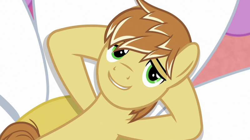 Size: 1280x720 | Tagged: safe, derpibooru import, screencap, feather bangs, earth pony, pony, hard to say anything, looking at you, male, smiling, stupid sexy feather bangs