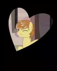 Size: 504x626 | Tagged: safe, derpibooru import, screencap, feather bangs, earth pony, pony, hard to say anything, black background, breaking the fourth wall, cropped, heart shaped, looking at you, male, one eye closed, simple background, smiling, wink