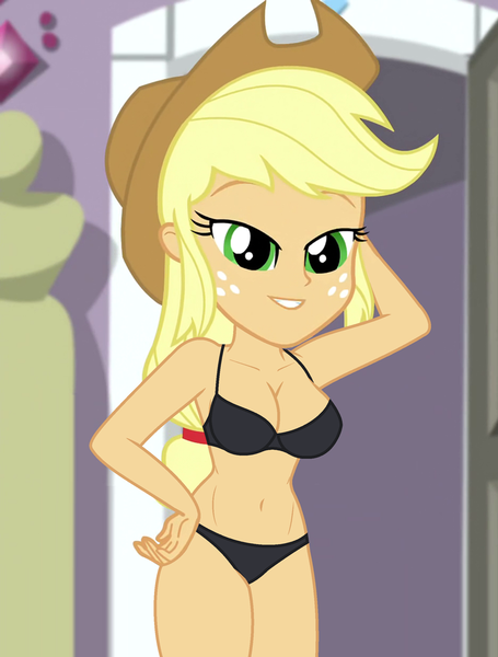 Size: 940x1240 | Tagged: suggestive, derpibooru import, edit, edited screencap, editor:ah96, screencap, applejack, dance magic, equestria girls, spoiler:eqg specials, applejack's hat, arm behind head, belly button, black underwear, bra, breast edit, breasts, busty applejack, cleavage, clothes, cowboy hat, cropped, female, hat, panties, solo, solo female, underwear, underwear edit