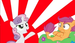 Size: 1797x1030 | Tagged: safe, derpibooru import, edit, edited screencap, screencap, scootaloo, sweetie belle, pony, seapony (g4), unicorn, surf and/or turf, duo, female, filly, foal, japan, japanese empire, japanese flag, seaponified, seapony scootaloo, species swap, sunburst background