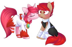 Size: 5460x3539 | Tagged: safe, artist:scarlet-spectrum, derpibooru import, oc, oc:blitz drive, oc:diamond stellar, unofficial characters only, earth pony, pony, unicorn, blushing, clothes, commission, cute, drivellar, ear piercing, earring, female, final fantasy, high heels, hoodie, jewel, jewelry, kiss on the cheek, kissing, male, oc x oc, piercing, scarf, shipping, shoes, simple background, straight, surprise kiss, surprised, transparent background, white mage, ych result