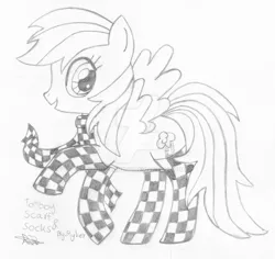 Size: 1024x965 | Tagged: safe, artist:thecloud96, derpibooru import, rainbow dash, pegasus, pony, checkered socks, clothes, female, mare, obtrusive watermark, open mouth, raised hoof, scarf, signature, sketch, socks, solo, stock vector, watermark