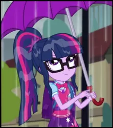 Size: 1077x1221 | Tagged: safe, derpibooru import, screencap, sci-twi, twilight sparkle, eqg summertime shorts, equestria girls, monday blues, clothes, cropped, female, geode of telekinesis, glasses, magical geodes, ponytail, rain, skirt, smiling, umbrella, wet, wet hair