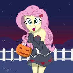 Size: 7680x7680 | Tagged: safe, artist:efk-san, derpibooru import, fluttershy, vampire, equestria girls, absurd resolution, bare shoulders, black skirt, candy, clothes, cute, evening gloves, excited, fangs, female, fence, food, gloves, halloween, happy, holiday, jack-o-lantern, long gloves, looking at you, night, open mouth, pumpkin, pumpkin bucket, shyabetes, skirt, smiling, solo, stars