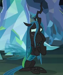 Size: 518x611 | Tagged: safe, derpibooru import, screencap, ocellus, queen chrysalis, changedling, changeling, changeling queen, pony, season 8, what lies beneath, spoiler:s08, adorkable, covering mouth, cropped, cute, cutealis, disguise, disguised changeling, dork, dorkalis, female, giggling, implied chrysalis, laughing, mare, nervous laugh, nightmare cave, raised hoof, shy, silly, silly pony, sitting, solo, spread wings, wings