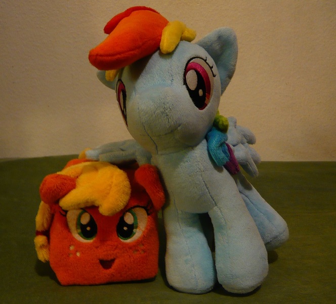 Size: 892x806 | Tagged: safe, artist:angel99percent, artist:ultrathehedgetoaster, derpibooru import, applejack, rainbow dash, pony, 4de, applecube, cube, cube plush, cube plushie, plushie, pony cube