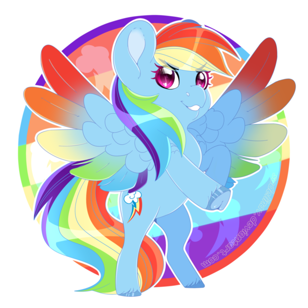 Size: 900x900 | Tagged: safe, artist:sadelinav, derpibooru import, rainbow dash, pegasus, pony, chibi, circle background, colored wings, cutie mark background, female, grin, mare, multicolored wings, rainbow wings, rearing, shoulder feathers, simple background, smiling, solo, spread wings, transparent background, underhoof, unshorn fetlocks, wings