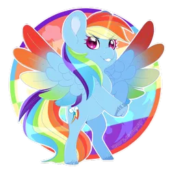 Size: 900x900 | Tagged: safe, artist:sadelinav, derpibooru import, rainbow dash, pegasus, pony, chibi, circle background, colored wings, cutie mark background, female, grin, mare, multicolored wings, rainbow wings, rearing, shoulder feathers, simple background, smiling, solo, spread wings, transparent background, underhoof, unshorn fetlocks, wings