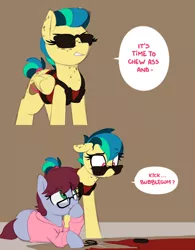 Size: 1722x2212 | Tagged: safe, artist:shinodage, derpibooru import, oc, oc:apogee, oc:daisy cutter, unofficial characters only, earth pony, pegasus, pony, clothes, comic, costume, dialogue, dick kickem, duke nukem, duo, female, filly, glasses, hoodie, prone, scissors, smiling, speech bubble, sunglasses, they live