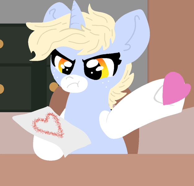 Size: 980x940 | Tagged: safe, artist:nootaz, derpibooru import, oc, oc:nootaz, ponified, pony, unicorn, angry, chair, cute, desk, female, frown, glare, glitter, heart, hoof hold, madorable, mare, meme, nootabetes, ocbetes, paper, pingu, ponified meme, sitting, solo, underhoof