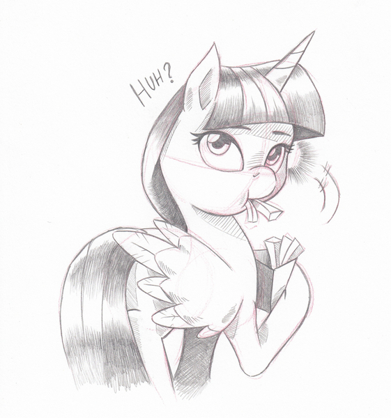 Size: 1017x1088 | Tagged: safe, artist:saturdaymorningproj, derpibooru import, twilight sparkle, twilight sparkle (alicorn), alicorn, pony, eating, female, food, french fries, grayscale, hay fries, looking over shoulder, mare, monochrome, pencil drawing, simple background, sketch, solo, traditional art, white background