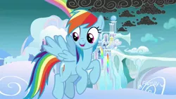 Size: 1920x1080 | Tagged: safe, derpibooru import, screencap, rainbow dash, pegasus, pony, school raze, cloud, cloudsdale, cute, female, field trip, flying, mare, rainbow, rainbow waterfall, scattered thunderstorms, sky, solo, stormcloud, weather factory