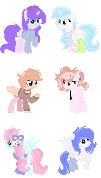 Size: 824x1444 | Tagged: safe, artist:bezziie, derpibooru import, oc, unofficial characters only, earth pony, pegasus, pony, unicorn, clothes, female, mare, necktie, scarf, simple background, socks, sweater, transparent background