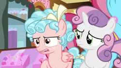 Size: 1280x720 | Tagged: safe, derpibooru import, screencap, cozy glow, sweetie belle, pegasus, pony, unicorn, marks for effort, bow, cozy glow is not amused, cupcake, duo, duo female, female, filly, foal, food, hair bow, sugarcube corner