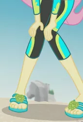 Size: 1437x2100 | Tagged: safe, derpibooru import, screencap, fluttershy, aww... baby turtles, equestria girls, equestria girls series, beach, clothes, cropped, feet, flip-flops, legs, pictures of legs, sand, sandals, solo, swimsuit, toes, wetsuit