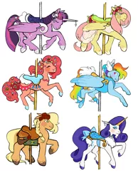 Size: 1280x1650 | Tagged: safe, artist:toucanburger, derpibooru import, applejack, fluttershy, pinkie pie, rainbow dash, rarity, twilight sparkle, twilight sparkle (alicorn), alicorn, classical unicorn, earth pony, pegasus, pony, unicorn, carousel, cloven hooves, female, leonine tail, mane six, mare, saddle, tack, unshorn fetlocks