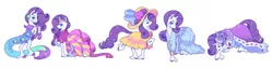 Size: 1280x329 | Tagged: safe, artist:sillyrapids, derpibooru import, princess platinum, rarity, mermaid, pony, unicorn, bowing, clothes, colored hooves, costume, dress, female, flower, flower in tail, gala dress, hat, mare, mermarity, nightmare night costume, rearing, simple background, solo, starry eyes, sun hat, sundress, unshorn fetlocks, white background, wingding eyes