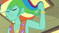 Size: 1280x720 | Tagged: safe, derpibooru import, screencap, zephyr breeze, best trends forever, equestria girls, equestria girls series, best trends forever: rainbow dash, eyes closed, jewelry, majestic as fuck, male, necklace, zephyr's necklace