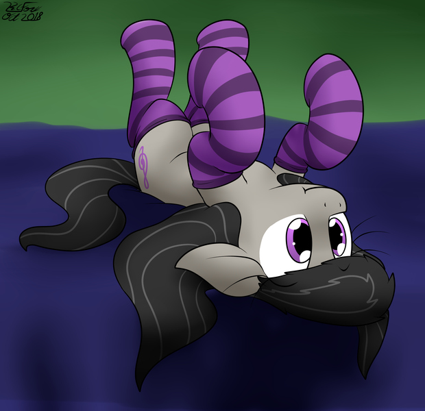 Size: 1739x1683 | Tagged: safe, artist:the-furry-railfan, derpibooru import, octavia melody, earth pony, pony, bed, clothes, cute, hooves in air, i'm so alone, on back, socks, socktavia, solo, striped socks, tavibetes, upside down