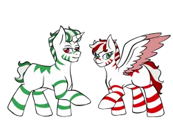 Size: 1700x1200 | Tagged: safe, artist:jolliapplegirl, derpibooru import, oc, oc:peppermint swirl, oc:wintermint, unofficial characters only, hybrid, pegasus, pony, unicorn, zony, fallout equestria, enclave, fallout equestria oc, simple background, stripes, transparent background, twins