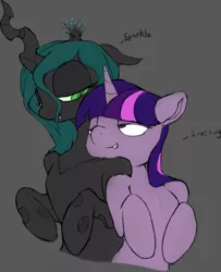 Size: 1280x1577 | Tagged: safe, artist:aenbrdraws, derpibooru import, queen chrysalis, twilight sparkle, changeling, pony, bedroom eyes, bipedal, female, floppy ears, gray background, lesbian, looking at each other, mare, shipping, simple background, speech, talking, twisalis