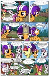 Size: 2030x3130 | Tagged: safe, artist:sirzi, derpibooru import, apple bloom, scootaloo, sweetie belle, earth pony, pegasus, pony, unicorn, comic:talisman for a pony, comic, cutie mark crusaders, female, filly, foal, glowing horn, glue, helmet, horn, magic, talisman, telekinesis, trio, trowel