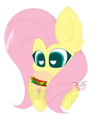 Size: 3216x4032 | Tagged: safe, artist:kittyrosie, derpibooru import, fluttershy, pegasus, pony, burger, female, food, heart eyes, mare, meat, ponies eating meat, simple background, solo, transparent background, wingding eyes