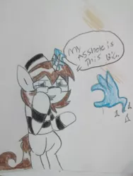 Size: 565x753 | Tagged: suggestive, artist:paper view of butts, derpibooru import, oc, oc:paper butt, unofficial characters only, pony, unicorn, clothes, glasses, hand, horn, jail, magic, prison outfit, prison stripes, solo, traditional art