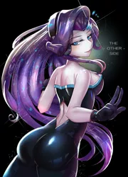 Size: 800x1113 | Tagged: safe, artist:tzc, derpibooru import, rarity, equestria girls, equestria girls series, the other side, ass, back, barrette, bedroom eyes, breasts, busty rarity, butt, clothes, dress, female, gloves, hairclip, hairpin, looking at you, looking back, looking back at you, rearity, sexy, shiny, skintight clothes, smiling, solo, standing, stupid sexy rarity, the ass was fat, unitard, wide hips