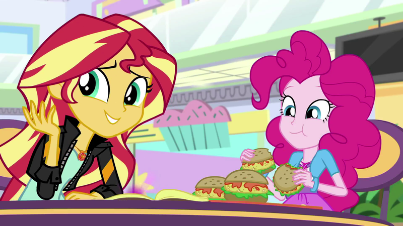 Size: 1920x1080 | Tagged: safe, derpibooru import, screencap, pinkie pie, sunset shimmer, equestria girls, mirror magic, spoiler:eqg specials, belt, book, bracelet, burger, canterlot mall, cardigan, chair, clothes, cute, eating, food, geode of empathy, geode of sugar bombs, hamburger, jacket, jewelry, leather jacket, looking at you, looking down, magical geodes, oat burger, oats, shimmerbetes, shirt, sitting, skirt, smiling, table, that human sure does love burgers