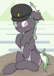 Size: 1180x1656 | Tagged: safe, artist:rhythmpixel, derpibooru import, oc, unofficial characters only, earth pony, pony, abstract background, hat, male, shy, solo, stallion