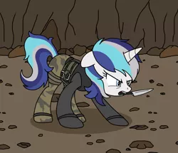 Size: 768x662 | Tagged: safe, artist:linedraweer, derpibooru import, oc, oc:melody, unofficial characters only, pony, unicorn, alternate universe, army, cave, commission, female, knife, mare, military, military uniform, not shining armor, solo