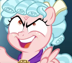 Size: 1370x1198 | Tagged: safe, derpibooru import, screencap, cozy glow, pegasus, pony, school raze, cozy glow is best facemaker, cropped, curls, evil, evil grin, faic, female, filly, freckles, grin, looking up, medallion, ribbon, scrunchy face, smiling, solo, spread wings, teeth, wide eyes, wings, wrinkles