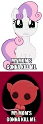 Size: 425x1206 | Tagged: semi-grimdark, artist:rlyoff, derpibooru import, edit, sweetie belle, pony, unicorn, caption, comic, crying, fetus, imminent abortion, implied foalcon, preggy belle, pregnant, pregnant edit, teary eyes