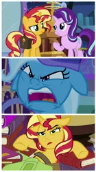 Size: 934x1664 | Tagged: safe, derpibooru import, edit, edited screencap, screencap, starlight glimmer, sunset shimmer, trixie, pony, unicorn, equestria girls, mirror magic, to where and back again, spoiler:eqg specials, angry, bag, book, comic, cutie mark, dazed, discovery family logo, female, floppy ears, horn, jealous, mare, meme, mirror portal, open mouth, outdoors, rage, rage face, raised hoof, saddle bag, screencap comic, shitposting, sleeping cap, smiling, standing, trixie's wagon, twilight's castle, upset, uvula, violence