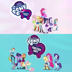 Size: 1920x1920 | Tagged: safe, derpibooru import, screencap, applejack, fluttershy, pinkie pie, rainbow dash, rarity, sci-twi, spike, spike the regular dog, sunset shimmer, twilight sparkle, twilight sparkle (alicorn), alicorn, dog, eqg summertime shorts, equestria girls, equestria girls series, spoiler:eqg specials, boots, clothes, comparison, converse, cowboy hat, denim skirt, equestria girls logo, geode of fauna, geode of shielding, geode of sugar bombs, geode of super speed, geode of super strength, geode of telekinesis, hat, humane five, humane seven, humane six, intro, jeans, logo, magical geodes, my little pony logo, pants, ponied up, scitwilicorn, shirt, shoes, skirt, sneakers, stetson, t-shirt, vest