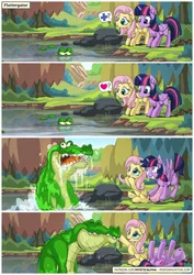 Size: 955x1351 | Tagged: safe, artist:mysticalpha, derpibooru import, fluttershy, twilight sparkle, twilight sparkle (alicorn), alicorn, alligator, pegasus, pony, faint, fainting goat, female, heart, mare, on back, smiling, surprised, swirly eyes, water