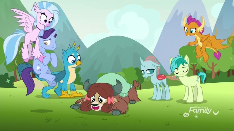Size: 1920x1080 | Tagged: safe, derpibooru import, screencap, gallus, november rain, ocellus, sandbar, silverstream, smolder, yona, changedling, changeling, classical hippogriff, dragon, earth pony, gryphon, hippogriff, pony, unicorn, yak, school raze, bow, cloven hooves, colored hooves, dragoness, female, flying, friendship student, hair bow, jewelry, male, monkey swings, necklace, stallion, student six, teenager