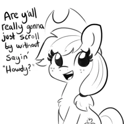 Size: 1650x1650 | Tagged: safe, artist:tjpones, derpibooru import, applejack, earth pony, pony, applejack's hat, black and white, breaking the fourth wall, bronybait, chest fluff, comment bait, cowboy hat, cute, cutie mark, dialogue, female, freckles, grayscale, hat, howdy, howdy event horizon, jackabetes, lineart, looking at you, mare, monochrome, open mouth, simple background, sitting, solo, stetson, talking to viewer, the ride never ends, white background
