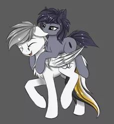 Size: 1280x1399 | Tagged: safe, artist:pony-way, derpibooru import, oc, oc:kate, oc:kej, unofficial characters only, pegasus, pony, unicorn, biting, chest fluff, ear bite, female, k+k, male, mare, oc x oc, shipping, smiling, stallion, straight