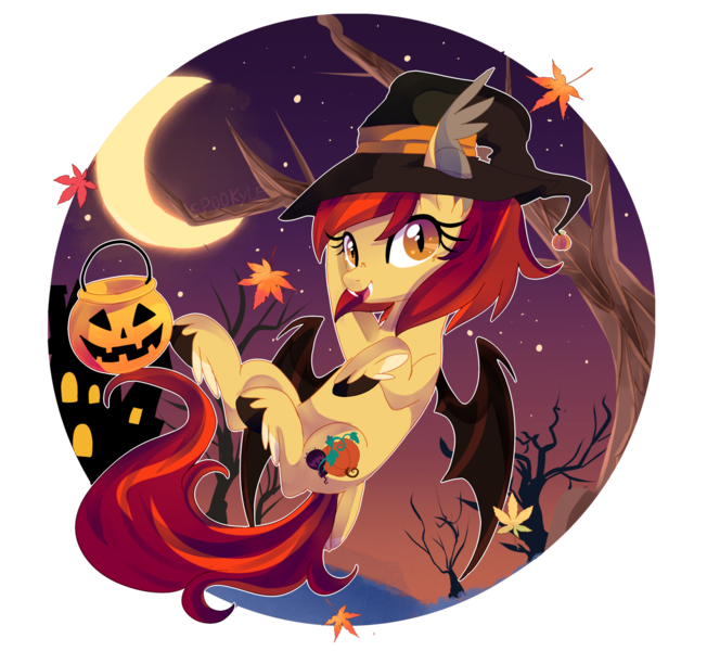 Size: 1600x1473 | Tagged: safe, artist:spookyle, derpibooru import, oc, oc:pumpkin spell, unofficial characters only, bat pony, hybrid, bat pony oc, bat wings, female, halloween, hat, holiday, leaves, mare, night, simple background, smiling, solo, tail feathers, transparent background, tree, wings, witch hat