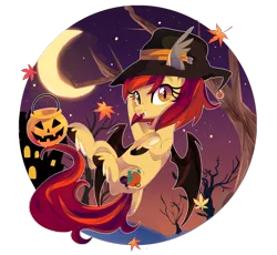 Size: 1600x1473 | Tagged: safe, artist:spookyle, derpibooru import, oc, oc:pumpkin spell, unofficial characters only, bat pony, hybrid, bat pony oc, bat wings, female, halloween, hat, holiday, leaves, mare, night, simple background, smiling, solo, tail feathers, transparent background, tree, wings, witch hat