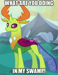 Size: 500x649 | Tagged: antlers, caption, changedling, changeling, cropped, derpibooru import, edit, edited screencap, exploitable meme, image macro, imgflip, king thorax, meme, mountain, safe, screencap, shrek, solo, swamp, text, thorax, to where and back again