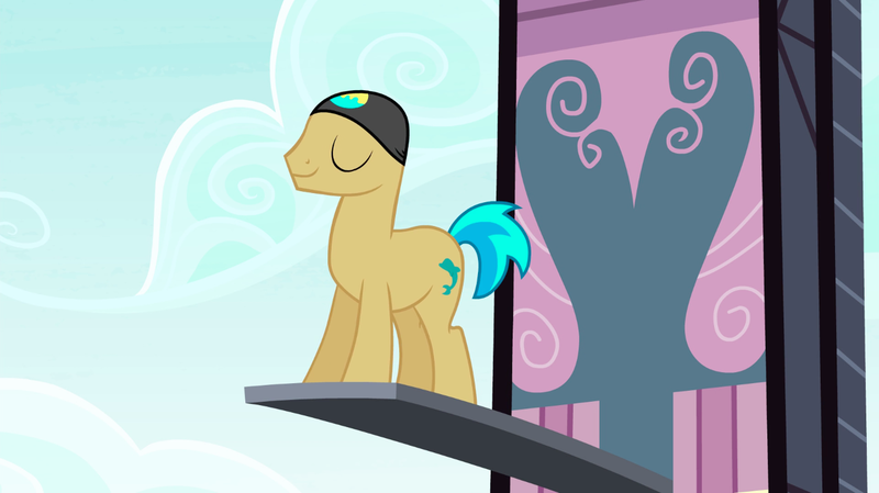 Size: 1440x809 | Tagged: safe, derpibooru import, screencap, unnamed character, unnamed pony, earth pony, pony, leap of faith, background pony, eyes closed, hat, male, solo, springboard, stallion, swimming cap