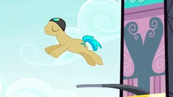 Size: 1440x809 | Tagged: safe, derpibooru import, screencap, unnamed character, unnamed pony, earth pony, pony, leap of faith, background pony, diving, eyes closed, hat, male, solo, springboard, stallion, swimming cap