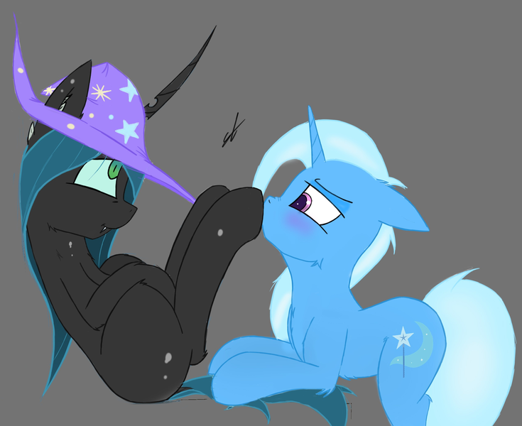 Size: 2553x2083 | Tagged: questionable, artist:groomlake, derpibooru import, queen chrysalis, trixie, changeling, changeling queen, pony, unicorn, accessory theft, blushing, chest fluff, clothes, colored, embarrassed, female, femdom, femsub, fetish, gray background, hat, hoof fetish, hoof kissing, hoof worship, lesbian, mare, shipping, simple background, slave, spots, submissive, the weak and powerless trixie, trixalis, trixie's hat