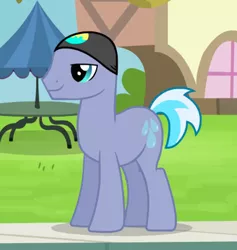 Size: 407x429 | Tagged: safe, derpibooru import, screencap, unnamed character, unnamed pony, earth pony, pony, leap of faith, background pony, cropped, eyes closed, hat, male, solo, stallion, swimming cap