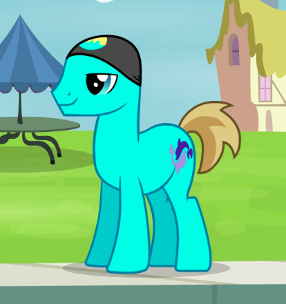 Size: 414x440 | Tagged: safe, derpibooru import, screencap, unnamed character, unnamed pony, earth pony, pony, leap of faith, background pony, cropped, eyes closed, hat, male, solo, stallion, swimming cap